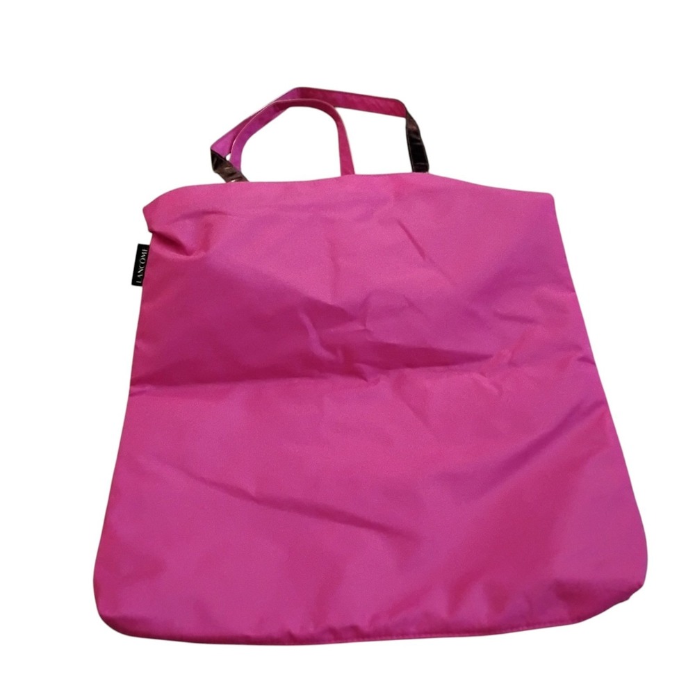 Lancome Paris Hot Pink Nylon Tote Bag Macaron Print Lining Bronze Handles